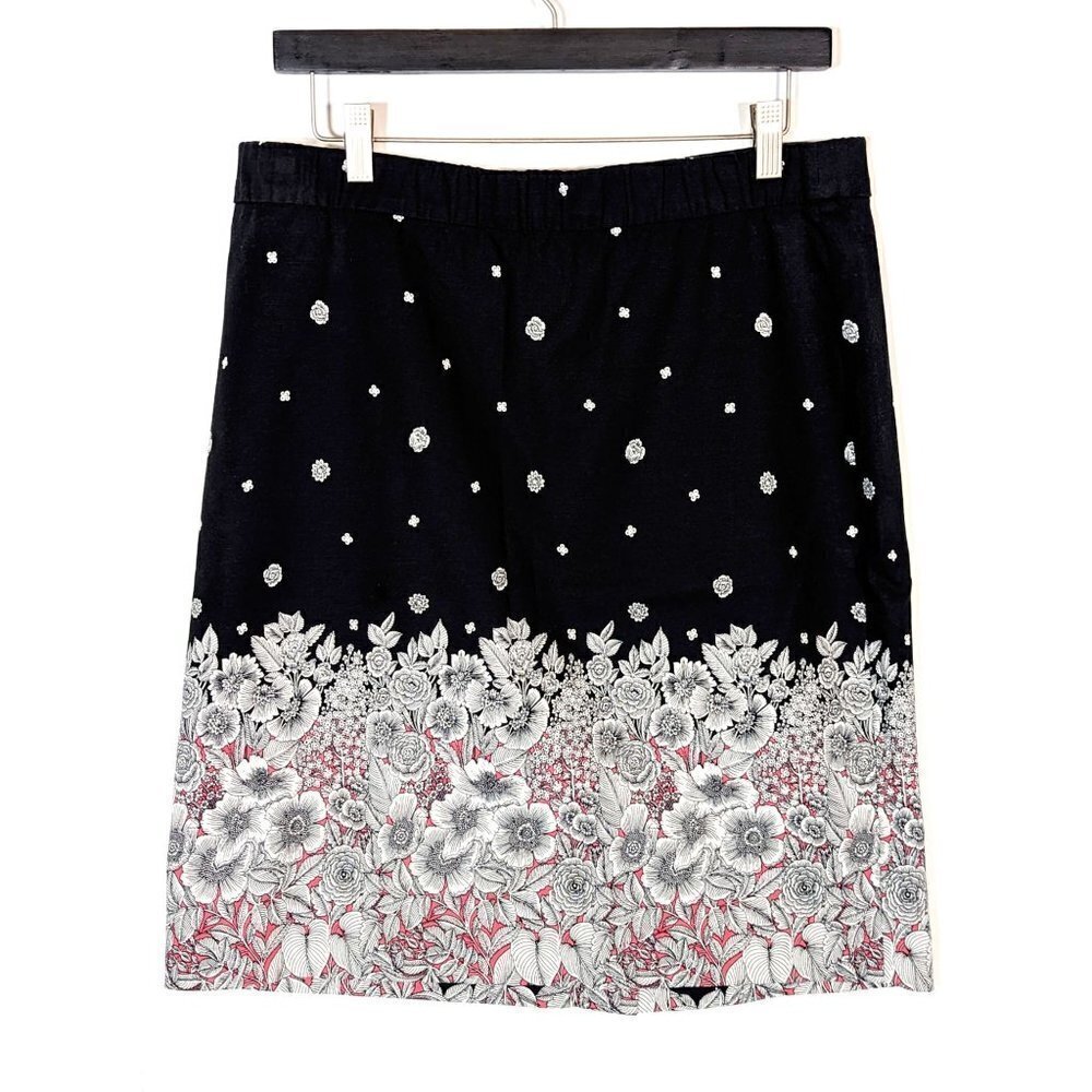 J. Jill Pencil Skirt Size 12 Jersey Stretch Black Mauve Floral Pen and Ink Print